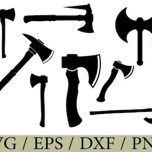 May include: A collection of seven black silhouettes of various axes, including a double-bit axe, a bearded axe, a hatchet, and several long-handled felling axes, arranged in a group. The text SVG / EPS / DXF / PNG is displayed at the bottom.
