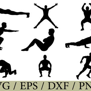 Pode incluir: Uma coleção de nove silhuetas pretas representando vários exercícios de fitness, incluindo pranchas, polichinelos, agachamentos, abdominais, flexões e corrida. O texto SVG / EPS / DXF / PNG é exibido na parte inferior da imagem.