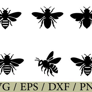 Puede incluir: Siluetas negras de abejas en varias poses, con alas extendidas y plegadas. La imagen incluye el texto "SVG / EPS / DXF / PNG" en la parte inferior, indicando formatos de archivo para diseño digital.