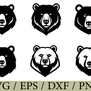 Könnte beinhalten: Sechs schwarz-weiße Bärenkopf-Designs. Jeder Bärenkopf ist in einem anderen Stil gehalten, mit unterschiedlichen Detaillierungsgraden. Die Designs eignen sich für Logos, Illustrationen oder grafische Elemente. Der Text "SVG / EPS / DXF / PNG" steht unten.