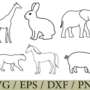 Könnte beinhalten: Eine Sammlung von sechs schwarz-weißen Tier-Strichzeichnungen, die eine Giraffe, einen Hasen, einen Elefanten, einen Panther, ein Pferd und ein Schwein zeigen. Am unteren Rand des Bildes steht der Text SVG / EPS / DXF / PNG in Fettschrift.