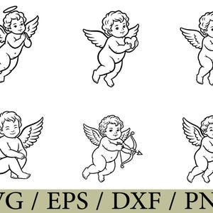 Puede incluir: Una colección de seis ilustraciones de arte lineal en blanco y negro que muestran querubines en varias poses, incluyendo uno con halo, uno sosteniendo un corazón y cuatro sosteniendo arcos y flechas. El texto SVG / EPS / DXF / PNG aparece debajo.