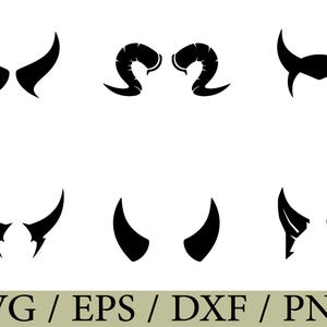 May include: A collection of six distinct black silhouette graphic designs featuring various styles of animal and creature horns. The set includes curved, spiraled, and pointed horn shapes arranged in two rows, with the text SVG / EPS / DXF / PNG below.