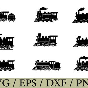 May include: Nine black silhouette illustrations of steam trains, each depicting a different design of locomotive. The images show details such as smokestacks, wheels, and carriages. Some trains have coal cars. The bottom of the image displays the text "SVG / EPS / DXF / PNG".
