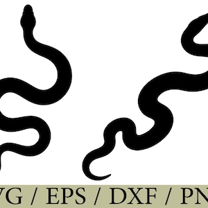 Pode incluir: Duas silhuetas pretas de cobras em uma postura sinuosa em forma de S. O design gráfico apresenta duas formas distintas de serpentes orientadas verticalmente. Abaixo das ilustrações, o texto diz SVG / EPS / DXF / PNG.