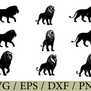 May include: A collection of nine black and white lion silhouettes and illustrations in various poses, including walking, standing, and roaring. The text SVG / EPS / DXF / PNG is displayed at the bottom of the graphic design set.