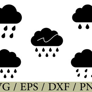 以下が含まれることがあります： ベクターアートスタイルの黒い雲と雨滴のグラフィック。画像には、雨滴が降る5つの異なる雲のデザインが描かれています。画像の下部には「SVG / EPS / DXF / PNG」というテキストがあります。
