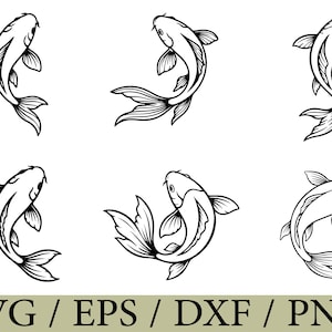 Könnte beinhalten: Eine Sammlung von sechs schwarz-weißen Strichzeichnungen von Koi-Fischen in verschiedenen Schwimmpositionen. Das Grafikset enthält die Dateiformate SVG, EPS, DXF und PNG, die am unteren Rand des Bildes in schwarzem Text aufgeführt sind.
