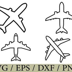 May include: Four black and white line art illustrations of airplanes in various flight orientations. The graphic set includes different jet silhouettes and the text SVG / EPS / DXF / PNG displayed at the bottom of the image.