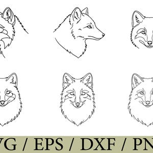 Könnte beinhalten: Schwarz-Weiß-Illustrationen von Füchsen in verschiedenen Posen. Das Bild zeigt Seitenprofile und Frontansichten des Fuchskopfes. Am unteren Rand des Bildes steht der Text "SVG / EPS / DXF / PNG".