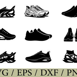 Puede incluir: Una colección de nueve ilustraciones gráficas en blanco y negro que muestran varios estilos de zapatillas deportivas. Los diseños incluyen perfiles laterales, vistas frontales y siluetas detalladas de calzado, presentados como iconos.