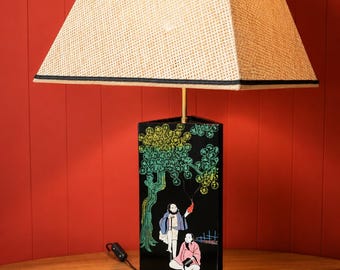 Lampe artisanale - lampe de table, style asiatique, abat-jour en rotin - upcyling - seconde main - vintage