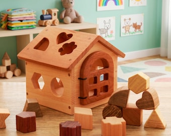 Casa de madera Montessori para clasificar formas, juguete educativo tipo cabaña con rompecabezas, juguete para desarrollar la motricidad fina, regalo de madera natural para niños.