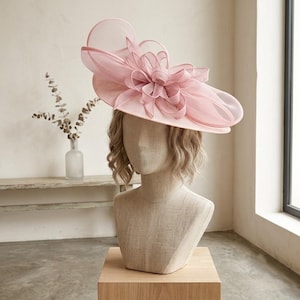 Roze fascinatorhoed met brede rand, 40 cm/15,75 inch mesh bruidshoed, bruidshoed voor een theekransje, haaraccessoire voor de Kentucky Derby