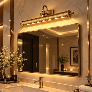 May include: A rectangular wall mirror with a thin gold frame, featuring a brass-toned scalloped picture light mounted directly above it. The light emits a warm glow, illuminating the mirror surface and the surrounding marble wall tiles.
