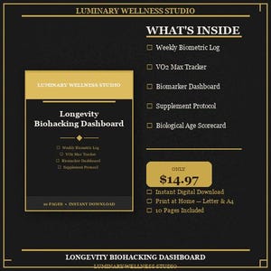 Longevity Biohacking Dashboard | Biomarker, VO2 Max, Supplement Tracker (Digital Download)