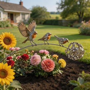 May include: A garden ornament featuring three metal robins perched on a curved wire stem, with one bird in flight. The stem ends in a decorative metallic dandelion seed head. The sculpture is positioned among yellow sunflowers and pink dahlias.