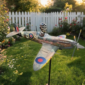 May include: A model airplane featuring a camouflage paint scheme with roundel markings on the wings and fuselage. The cockpit contains a figure wearing goggles and a helmet. Text on the side reads Iron Maiden, 1975-2025, and the number 50.