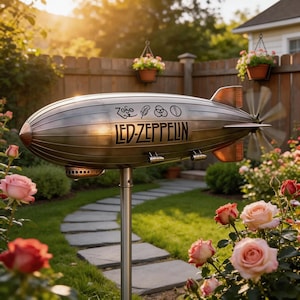 May include: A metal zeppelin-shaped garden ornament with the text "LED-ZEPPELIN" and other symbols. The ornament is mounted on a silver pole and has a propeller at the rear. The background features a garden with roses and a wooden fence.