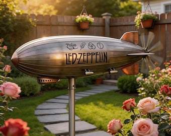 Metalowy wiatraczek Led Zeppelin Airship, Wiatraczek ogrodowy w stylu Zeppelin Airship, Metalowa dekoracja ogrodowa w stylu vintage, Dekoracja ogrodowa na zewnątrz
