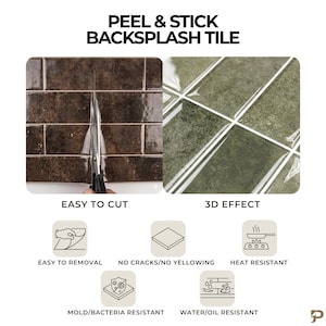 Puede incluir: Azulejos adhesivos para salpicadero con baldosas rectangulares marrones y verdes. El texto incluye PEEL & STICK BACKSPLASH TILE, EASY TO CUT, 3D EFFECT, EASY TO REMOVAL, NO CRACKS/NO YELLOWING, HEAT RESISTANT, MOLD/BACTERIA RESISTANT, WATER/OIL RESISTANT.