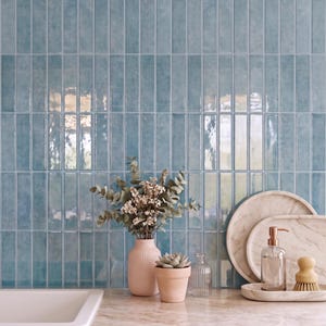 Light Blue Stacked 3D Peel and Stick Backsplash, Waterproof Wall Tiles