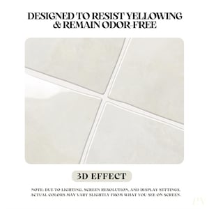 Puede incluir: Cuatro azulejos cuadrados de color blanco roto dispuestos en cuadr&iacute;cula con finas l&iacute;neas de lechada blancas. El texto superior dice DESIGNED TO RESIST YELLOWING & REMAIN ODOR-FREE. Debajo, el texto dice 3D EFFECT y una nota de descargo.