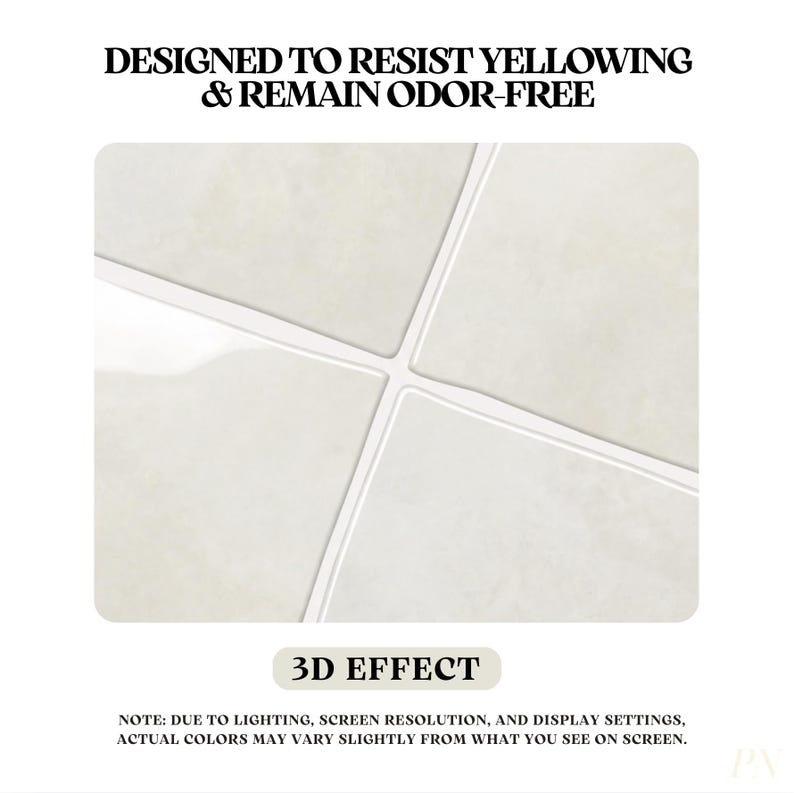 Puede incluir: Cuatro azulejos cuadrados de color blanco roto dispuestos en cuadr&iacute;cula con finas l&iacute;neas de lechada blancas. El texto superior dice DESIGNED TO RESIST YELLOWING & REMAIN ODOR-FREE. Debajo, el texto dice 3D EFFECT y una nota de descargo.