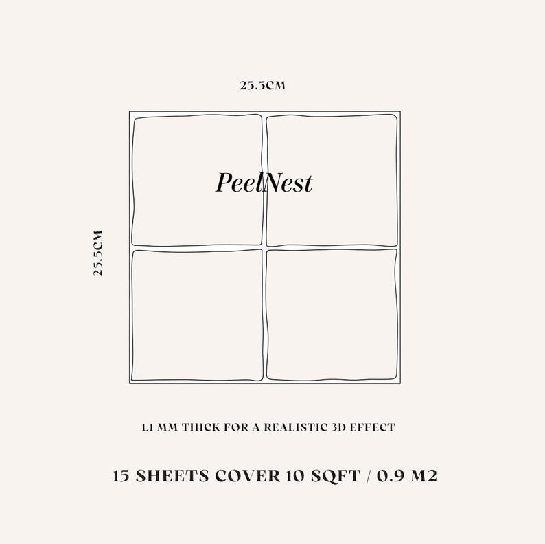 Puede incluir: Un diagrama cuadrado que muestra cuatro paneles etiquetados como PeelNest, que miden 25,5 cm por 25,5 cm. El texto indica 1,1 mm de grosor para un efecto 3D realista, y 15 hojas cubren 10 sqft / 0,9 m2. El gr&aacute;fico utiliza l&iacute;neas negras.