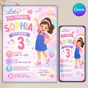 May include: A digital birthday invitation template featuring a cartoon girl in a pink shirt and blue overalls. The text reads Let's Celebrate Sophia Is Turning 3, Saturday June 14, 2025, 2:00 PM 4:00 PM, Starlight Playhouse 456 Rainbow Drive Dreamville, NY 12345.