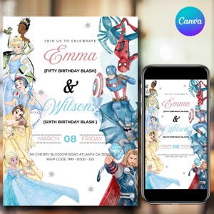 May include: A birthday party invitation featuring Disney princesses and Marvel superheroes. The invitation includes the names Emma and Wilson, with their ages, and the date March 8th. The design is colorful and festive.