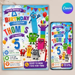 May include: A birthday invitation featuring colorful block characters, confetti, and balloons. Text includes: YOU'RE INVITED TO A BIRTHDAY CELEBRATION! THOMAS IS TURNING 5, SUNDAY AUG 16, 2026, 11:00 AM TO 1:00 PM, JAMES'S HOUSE 123 BLOCK STREET FUN CITY, FC 12345, RSVP TO MOM (123) 456-7890.