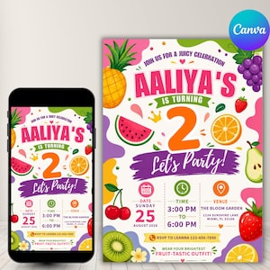 Invito di compleanno Two-tti Frutti, Invito per il secondo compleanno Two-tti Frutti, Invito per festa a tema frutta, Inviti Two-tti Frutti, Modello Canva