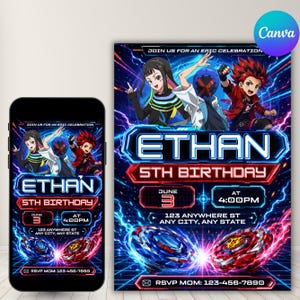 May include: A birthday invitation featuring the name "Ethan" and the text "5th Birthday." The design includes anime-style characters, a blue and red color scheme, and event details. A smartphone displays the same design.