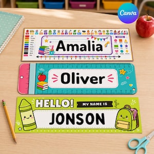Etiquetas de escritorio editables para estudiantes / Placas de nombre imprimibles y brillantes para escritorios de aula / Etiquetas de lápiz y aprendizaje para niños / Descarga instantánea