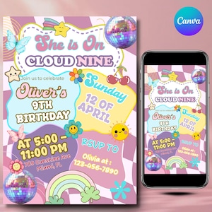Könnte beinhalten: Eine farbenfrohe Geburtstagseinladung mit dem Text "She is On Cloud Nine" und Details für Olivers 9. Geburtstag. Das Design umfasst Schmetterlinge, Sterne, eine Discokugel und einen Regenbogen.
