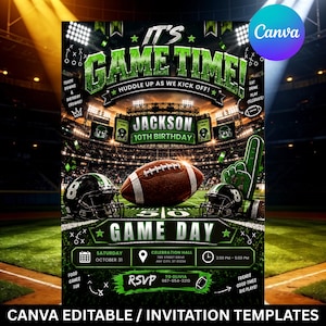 Może przedstawiać: Ulotka z zaproszeniem na urodziny o tematyce futbolu amerykańskiego z tekstem IT'S GAME TIME, JACKSON 10TH BIRTHDAY oraz GAME DAY. Projekt zawiera brązową piłkę do futbolu, dwa czarne kaski, zielony piankowy palec i światła stadionowe.
