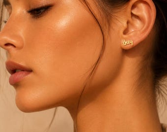 Pronoun Earrings, LGBTQ Jewelry, She Her They Them Stud Earrings, Nonbinary Queer Pride Gift, Minimalist Gold Earrings
