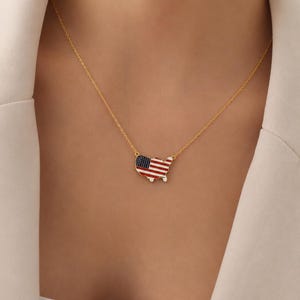 May include: A gold-colored necklace featuring a pendant shaped like the United States, painted with the American flag design. The pendant is red, white, and blue, and the chain is delicate. The necklace is worn around the neck.