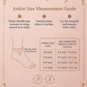May include: A pink and gold graphic with the text "Panache Jewelry" and "Anklet Size Measurement Guide." It includes instructions on how to measure your ankle for anklet sizing, with measurements in inches and centimeters.