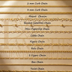 May include: A selection of gold-colored chain necklaces, each with a unique design. Styles include curb, heart, beaded, paperclip, cable, figaro, rolo, box, and twist chains. The image displays the different chain styles with their names.