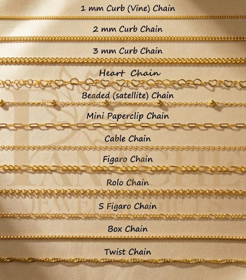 May include: A selection of gold-colored chain necklaces, each with a unique design. Styles include curb, heart, beaded, paperclip, cable, figaro, rolo, box, and twist chains. The image displays the different chain styles with their names.