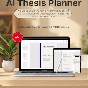 Op de afbeelding: Digitale en printbare AI Thesis Planner. Een gids voor afgestudeerde studenten die AI-tools gebruiken. De afbeelding toont een laptop, tablet en smartphone met de interface van de planner. Inclusief AI-prompts en reflectievragen.