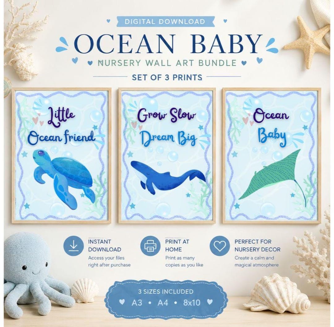 Ocean Nursery Wall Art Set of 3 | Turtle Whale Ray Prints | Underwater ...