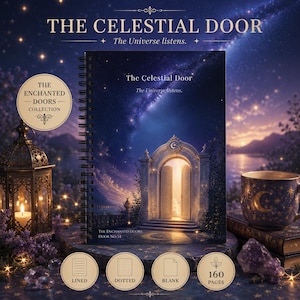 Könnte beinhalten: Ein spiralgebundenes Notizbuch mit dem Titel The Celestial Door, The Universe listens. Das Cover zeigt einen leuchtenden Steinbogen unter einem Sternenhimmel. Text umfasst The Celestial Door, The Universe listens und Door No. 14. Enthält 160 Seiten.
