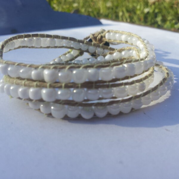 White Hemp / Glass Beaded Wrap Bracelet 18''