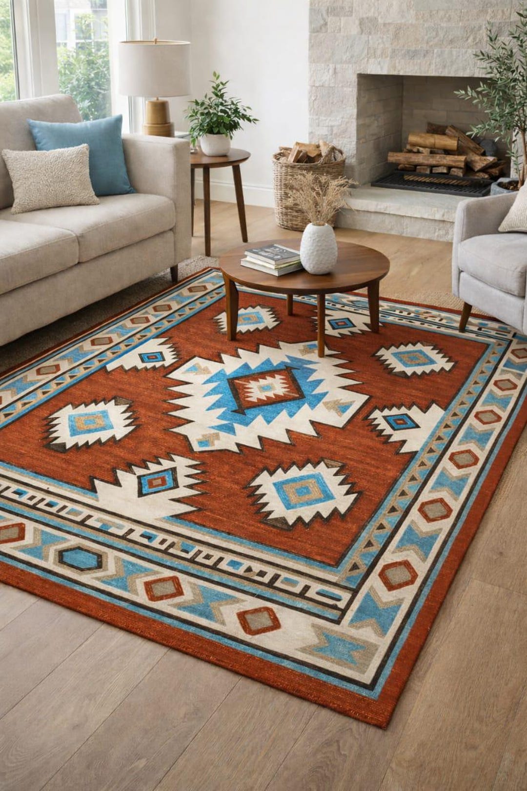 Rust Black Aztec Rug Hand Tufted Wool Rug, Rust Orange Aztec Geometric Tribal Carpet, Boho ...