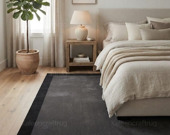 Handgetufteter Wollteppich, moderner minimalistischer Teppich mit anthrazitfarbener Bordüre für Wohnzimmer und Schlafzimmer