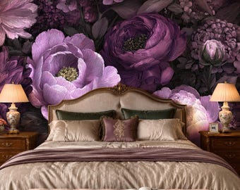 May include: A bedroom featuring a large floral wallpaper mural in shades of purple and violet behind a bed with a beige headboard, two wooden nightstands with lamps, and a tufted bench at the foot of the bed with an open book on top.