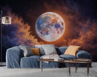 Full Moon Night Sky Wall Mural, Moon & Clouds Peel and Stick Wallpaper, Wall Decor for Bedroom, Moonlight Dark Accent Wall